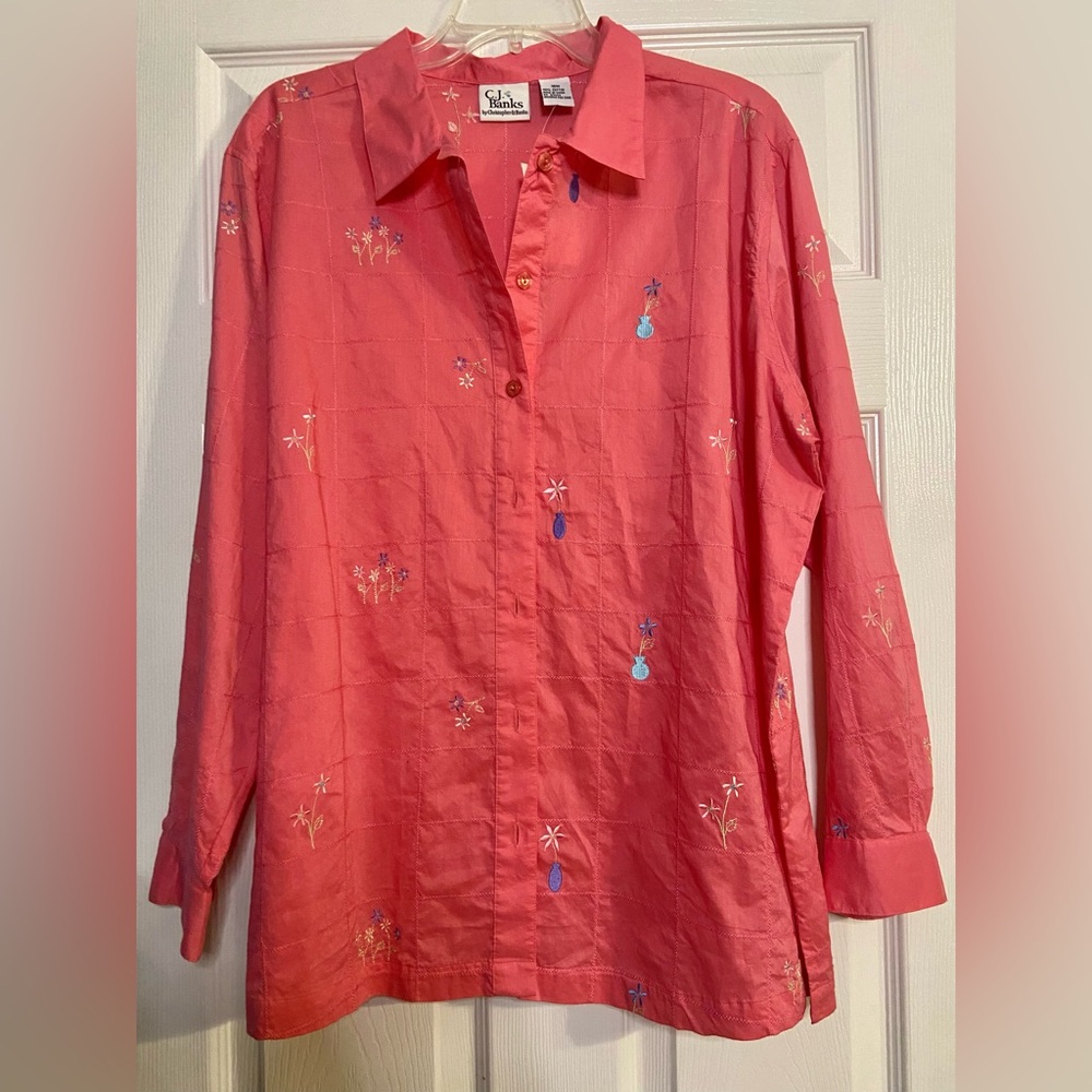CJ Banks Shirt Womens 16W 100% Cotton Salmon Button Up Blouse Long Sleeve NWT